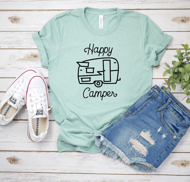 Happy camper dusty blue shirt