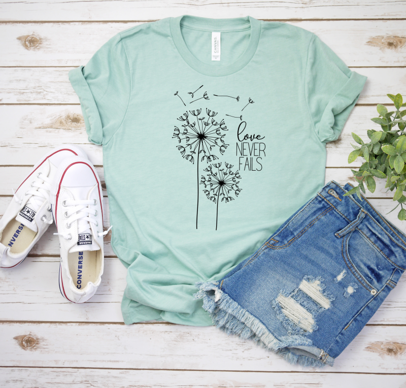 dandelion love never fails pregnancy loss dusty blue shirt