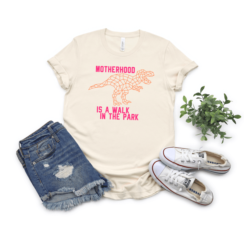 Motherhood: Is a walk in the park T Rex Pink and Orange Lettering Tee