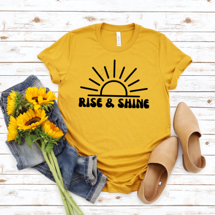 Rise and Shine Sunrise Tee on a yellow tee