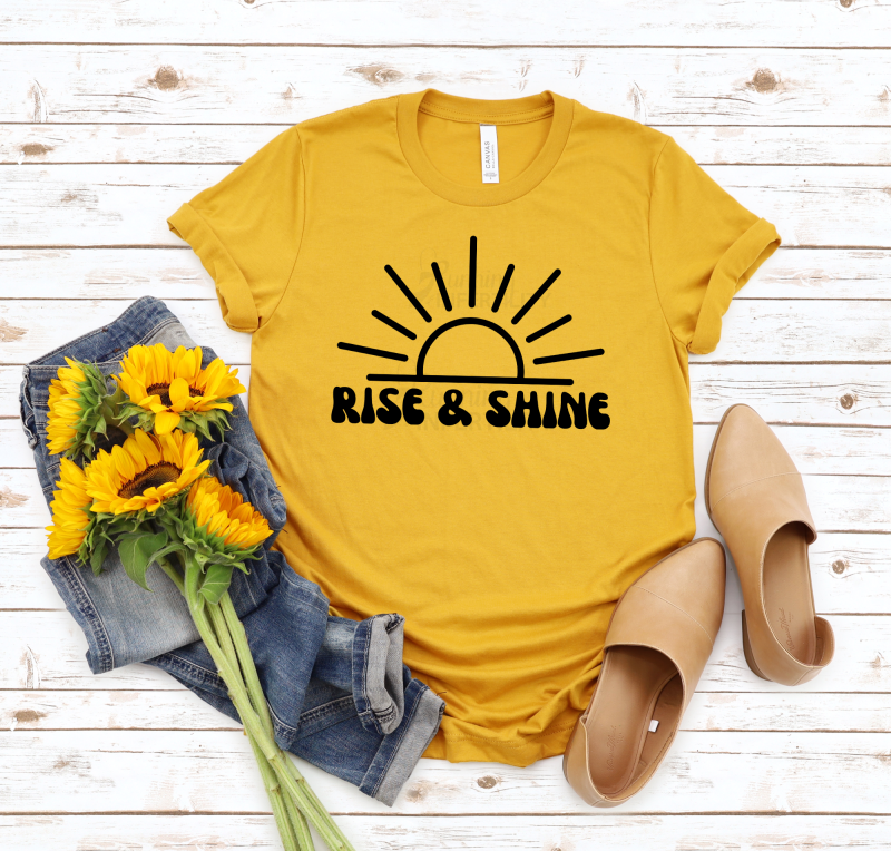 Rise and Shine Sunrise Tee on a yellow tee