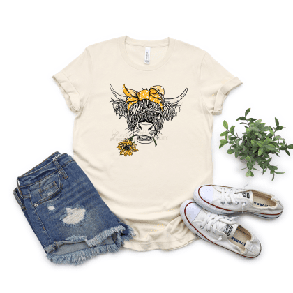 longhorn sunflower cow shirt on a heather natural shirt