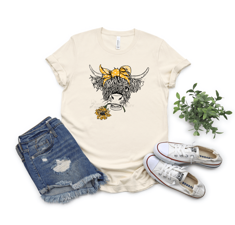 longhorn sunflower cow shirt on a heather natural shirt